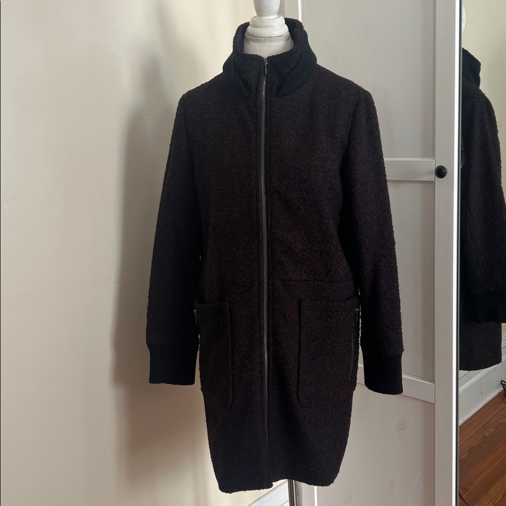 RACHEL Rachel Roy Burgundy/Black Bouclé Funnel Neck Wool Blend Zip Coat Size L - Picture 2 of 11